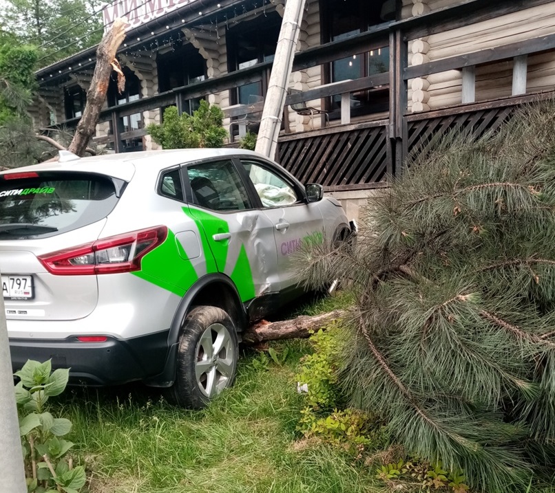 В горах Сочи машина каршеринга снесла столб и повредила 2 дерева