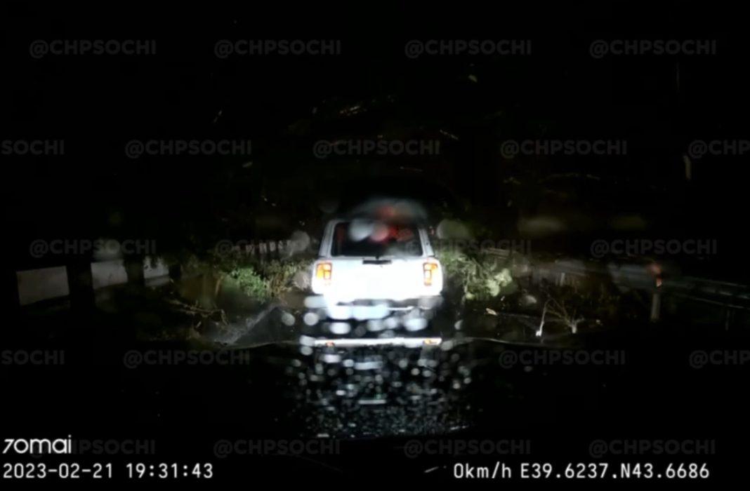 На трассе в Сочи упал огромный ствол дерева и смял машину (Видео)