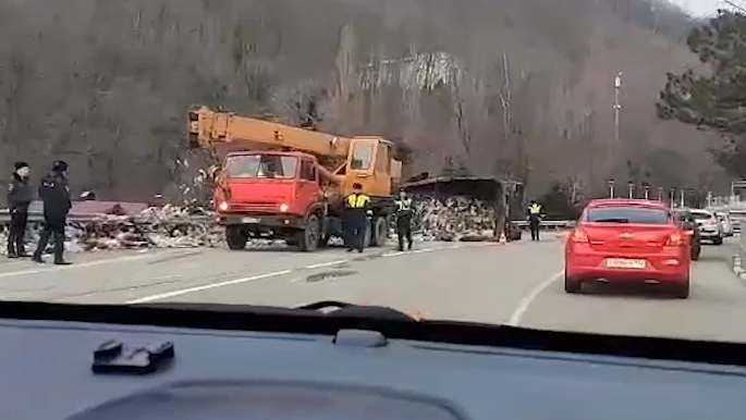 Шоссе завалило отходами: в Туапсе перевернулся мусоровоз