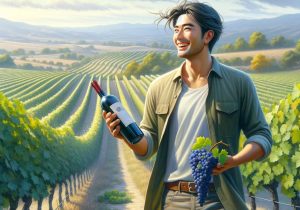 joyful Chinese winemaker in a vineyard, holding a bottle of wine and grapes