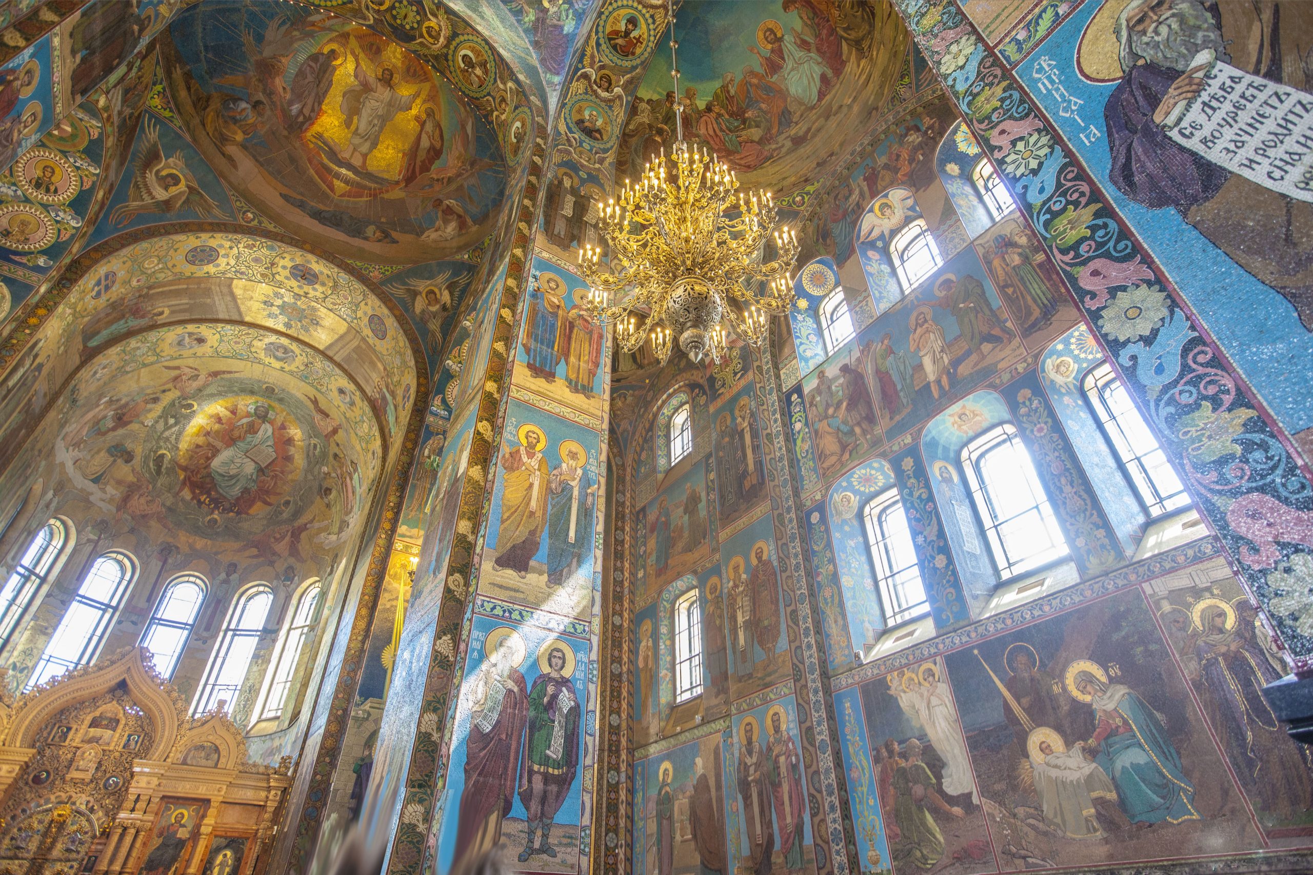 A low angle shot of the Church of the Savior on Blood's interior in St. Petersburg, Russia