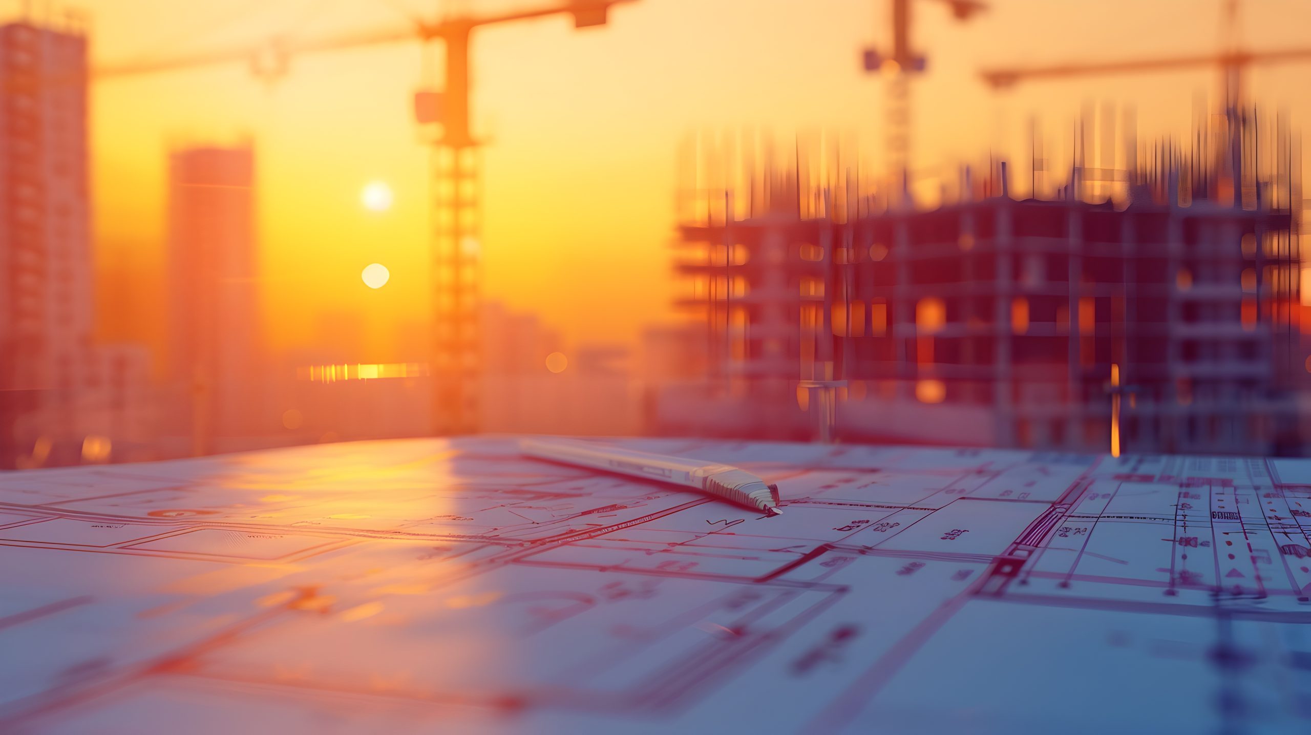 Intricately detailed blueprint of architectural plans and a bustling construction site captured in the warm golden hour lighting and tilt shift photography style to create a miniature