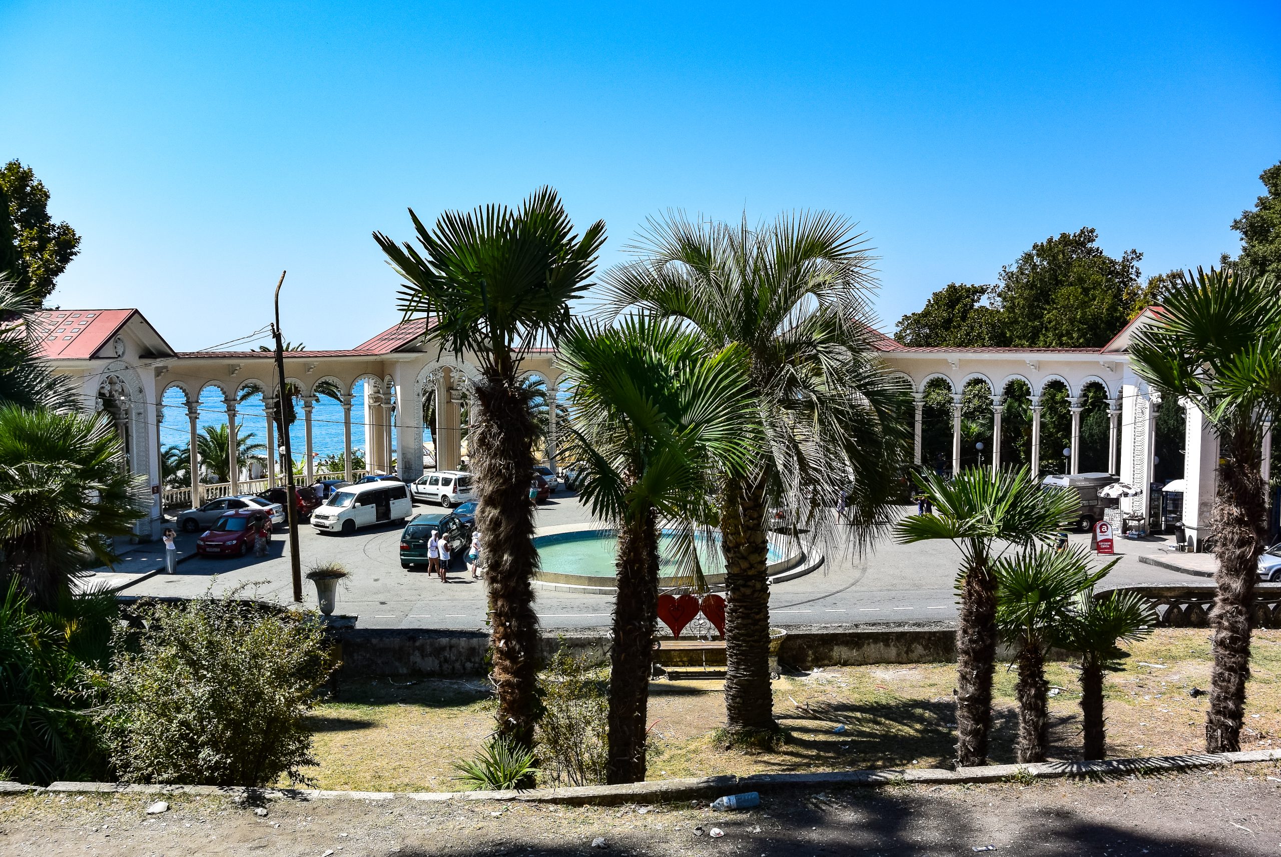 GAGRA, ABKHAZIA: A colonnade in Gagra. The embankment in Gagra August 2019.