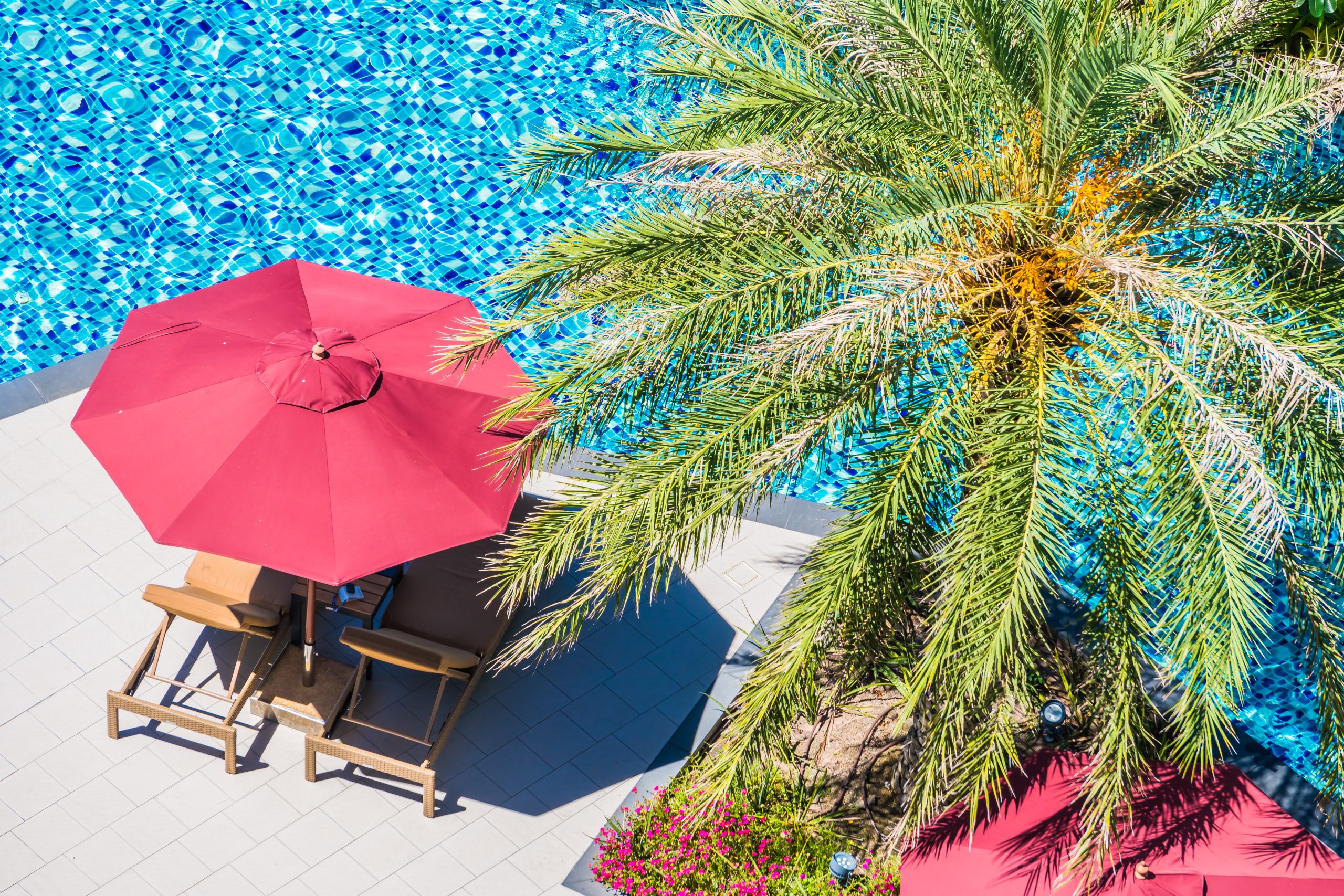 Umbrella and chair around beautiful luxury outdoor swimming pool in hotel resort with coconut palm tree on blue sky