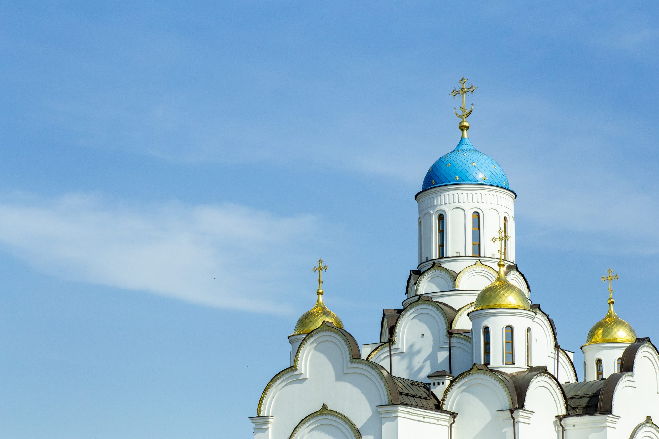 Orthodox church in Russia against the blue sky. Russian Christianity and Orthodoxy in architecture and culture.