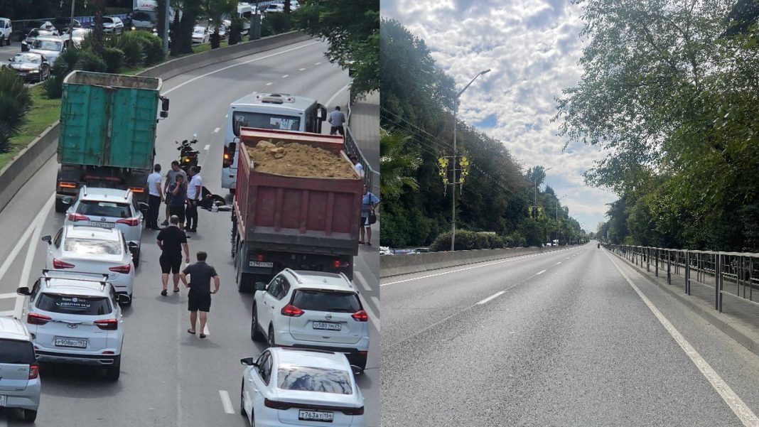 В Сочи мотоциклист врезался в грузовик и оказался под автобусом: образовалась пробка